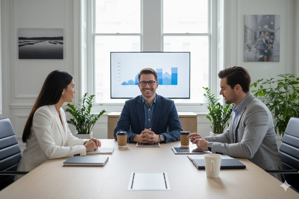 professional team discussing AI integration with clients, warm office setting, collaborative atmosphere